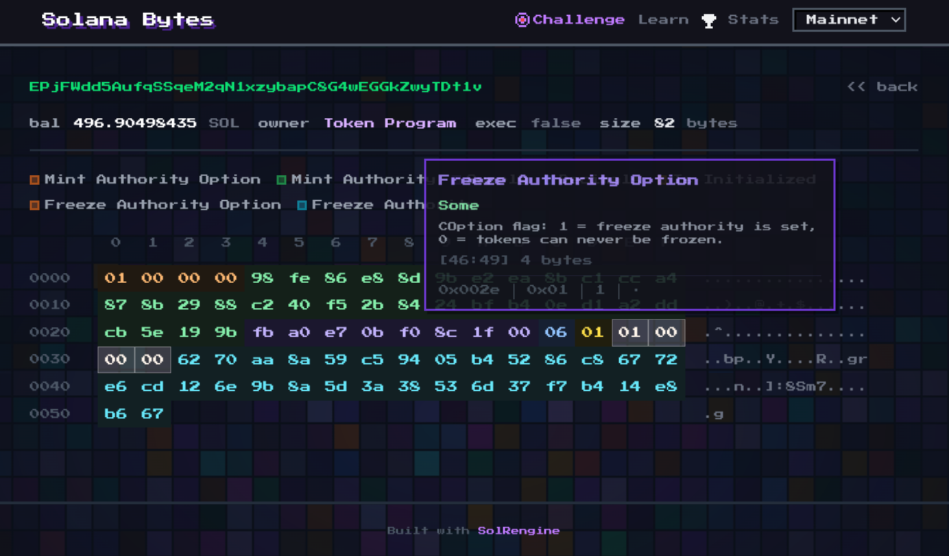 Solana Bytes — colored hex grid of a Solana account, with the Byte Challenge game above