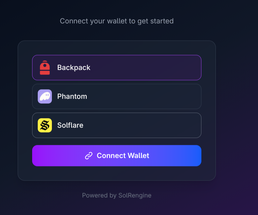 The SolRengine login screen listing Backpack, Phantom and Solflare with a Connect Wallet button